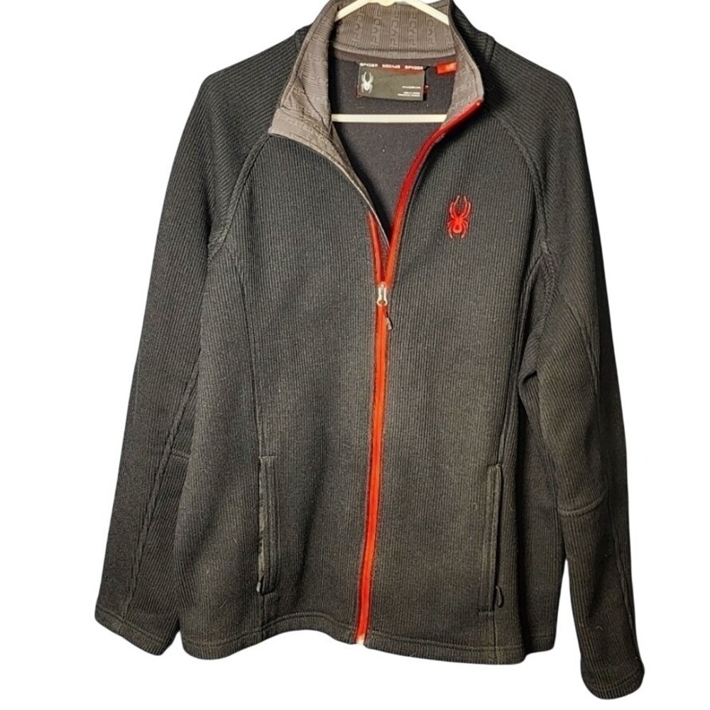 Spyder Mens Full Zip Ribbed Knit Fleece Lined Sweater Jacket Gray Red Large